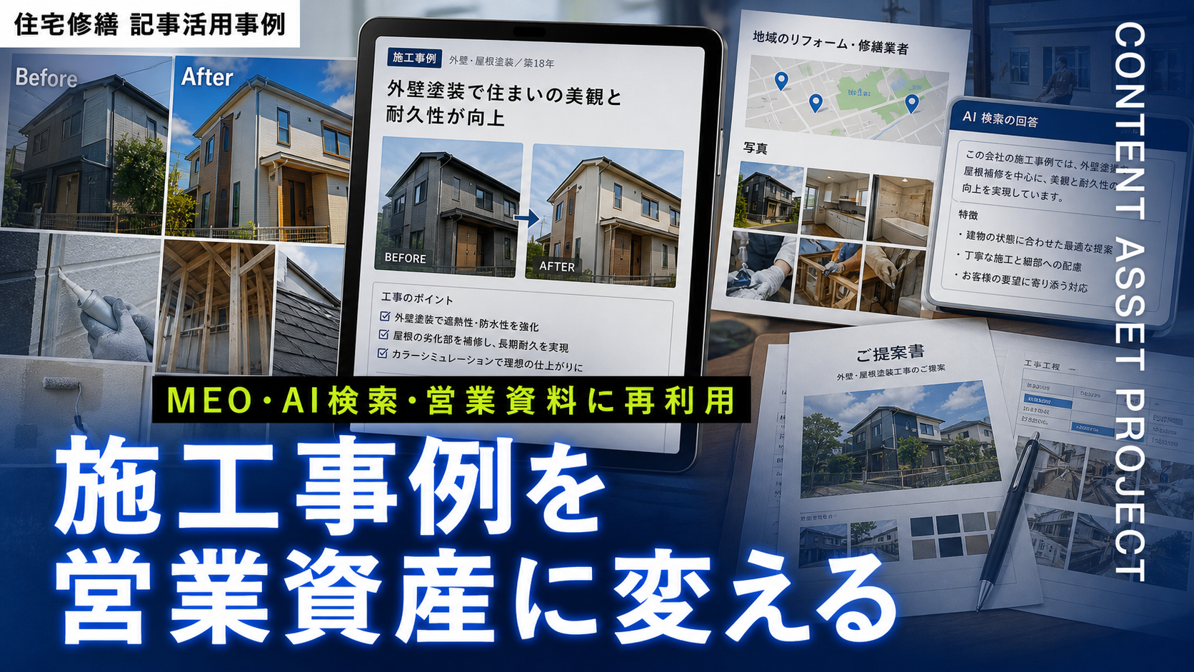 施工事例記事をMEO・LLMO・営業資料に再利用する書き方｜リフォーム会社の集客導線設計